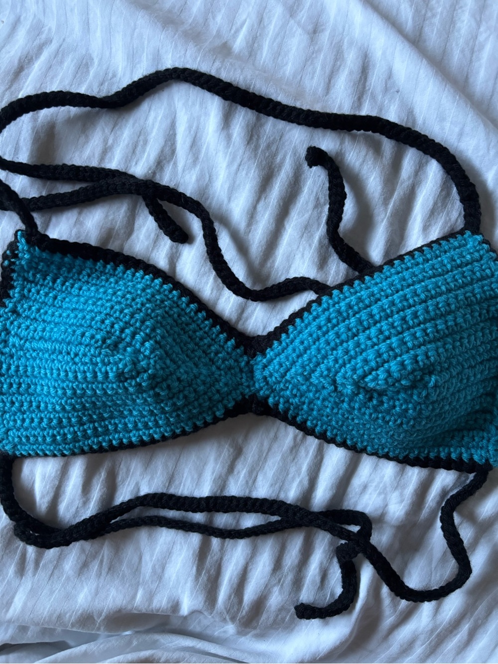 Crochet Bikini Top in Teal with Black Trim